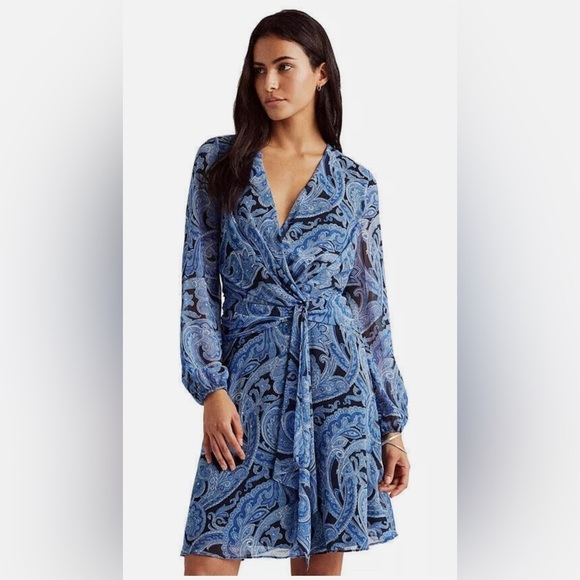 Ralph Lauren Navy and Light Blue Paisley Long Sleeve Dress - Picture 6 of 10